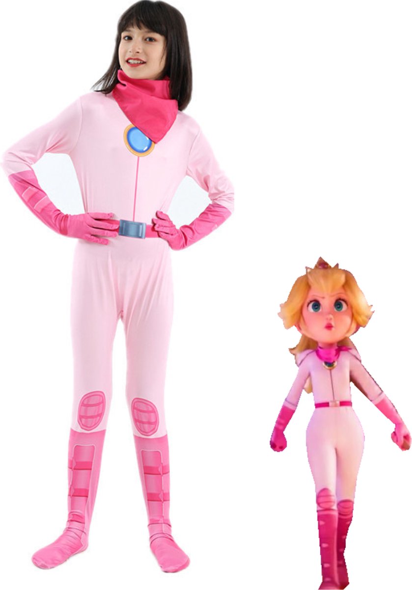 Joya Kids® Princess Peach verkleed pak voor kinderen | Verkleedjurk Meisje Prinses | Halloween kostuum | Mario Kart thema | Carnaval kleding | Peach prinsessen kostuum Jump Suit | Maat 130